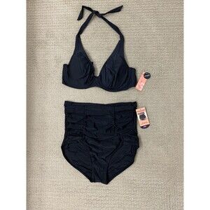 Shapermint Black Halter Bikini Top & High Waisted Bottom Swimsuit Set 2XL New